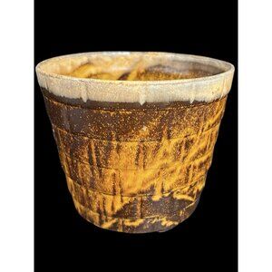 Vintage 1970s Ceramic Gold Drip Glaze Basket Style Planter Pot 6" Marked